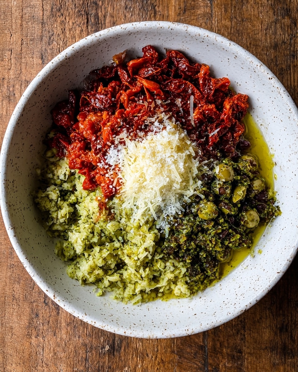 The image shows a white speckled bowl filled with several colorful layers of chopped and shredded ingredients arranged in a visually rich mix. Starting with a base of pale green crushed olives spread unevenly across the bottom, vibrant piles of finely chopped darker green olives sit on the right side, while bright red sun-dried tomatoes form irregular clusters on the top left and middle sections. At the center, there is a handful of shredded pale yellow cheese, topped with coarse white salt crystals that add texture. A drizzle of golden olive oil glistens around the edges, and the bowl rests on a rustic wooden surface. photo taken with an iphone --ar 4:5 --v 7