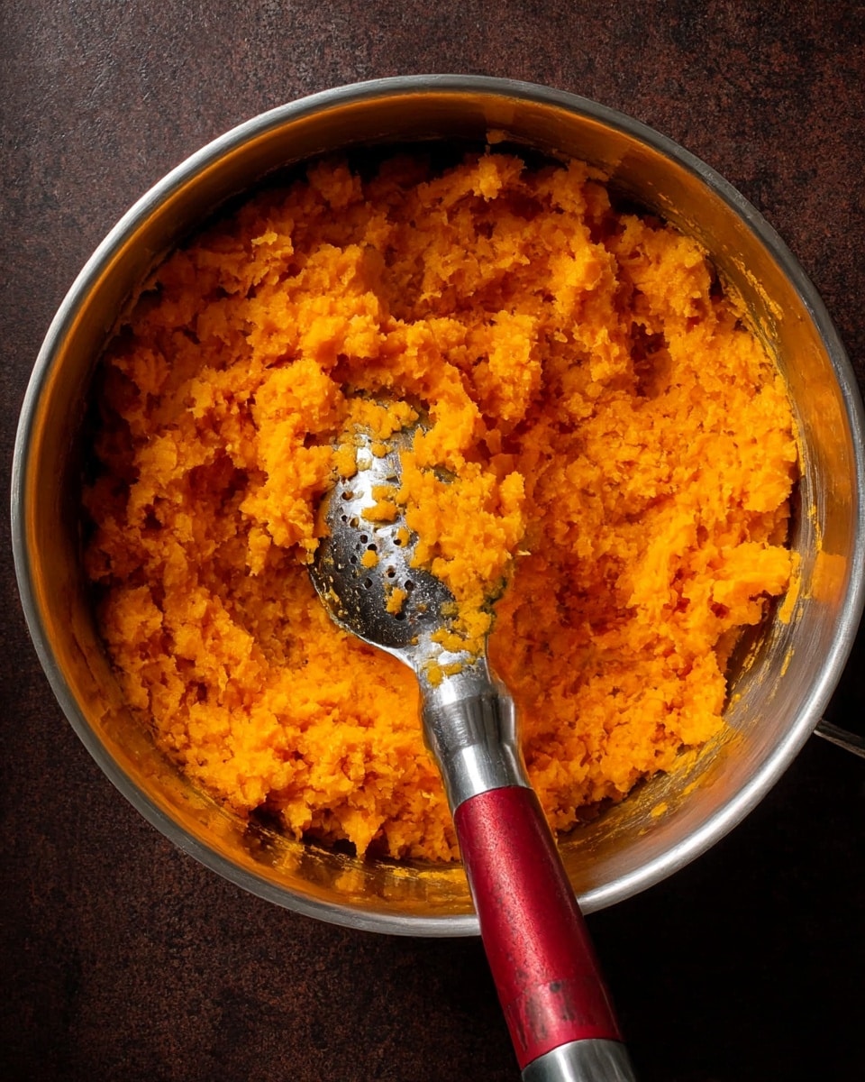A metal pot filled with bright orange mashed sweet potatoes showing a soft, chunky texture. A metal potato masher with a red and silver handle rests inside the pot, covered with some of the mashed sweet potatoes. The pot sits on a dark brown surface. photo taken with an iphone --ar 4:5 --v 7