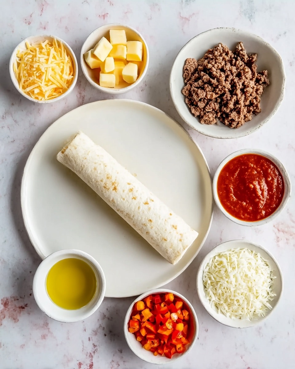 A white plate placed on a white marbled surface holds a single rolled tortilla wrap in the center. Around the plate are six small bowls with different ingredients: shredded light yellow cheese in the top left, small cubes of pale yellow cheese in the top right, cooked brown ground beef in the middle right, a heap of finely grated white cheese in the bottom right, a small bowl of red sauce in the bottom left, and a small bowl with mixed red and orange diced peppers near the bottom center. A very small white bowl with yellow oil sits on the white plate next to the tortilla. The whole scene is brightly lit, showing clear textures of the ingredients photo taken with an iphone --ar 4:5 --v 7