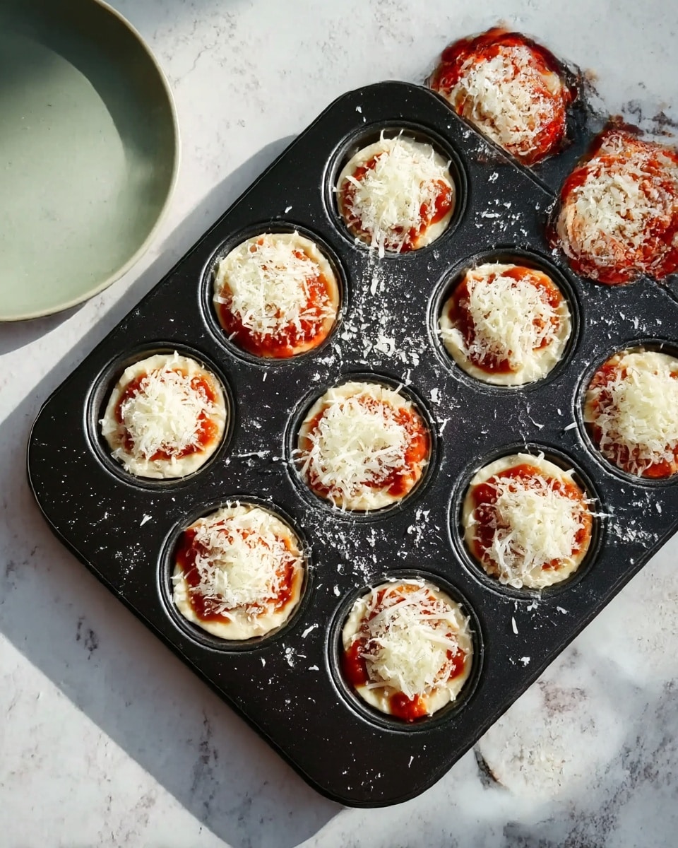 A black metal muffin tray with 12 round cavities, each filled with small circular dough bases topped with a layer of red tomato sauce and a generous amount of finely shredded white cheese covering the sauce. The tray rests on a white marbled surface with a small green plate beside it, partially in the top left corner. The light creates soft shadows, highlighting the texture of the cheese and the slight shine of the sauce, showing a fresh and ready-to-bake look. Photo taken with an iphone --ar 4:5 --v 7