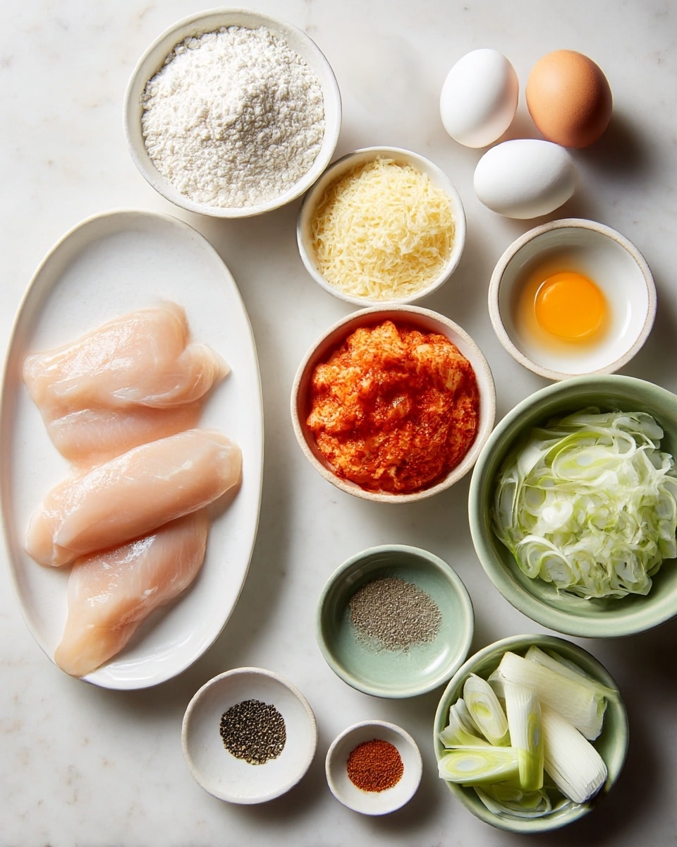The image shows various cooking ingredients arranged in small white and green ceramic bowls and plates on a white marbled surface. There are three raw chicken fillets on a white oval plate in the bottom left. Above and around this plate, there is a white bowl filled with white flour. Next to it is a smaller white bowl with light yellow grated cheese. Two whole eggs are placed above the cheese bowl, and to their right, there is a small white bowl with an egg yolk. Below the eggs and cheese is a white bowl filled with bright red kimchi. To the right side, there is a green bowl with sliced white and light green leek layers, and below that, a small green bowl with thinly sliced green parts of leek. In the middle, two tiny white bowls hold black pepper and a brown spice. photo taken with an iphone --ar 4:5 --v 7