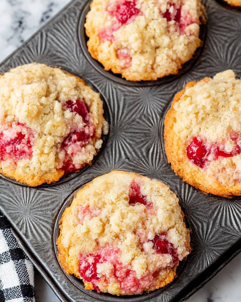 Four round muffins with a crumbly light golden top and visible red cherries baked inside sit in a dark muffin pan with a patterned base; the muffins have a soft pinkish hue around the cherries and a coarse, crunchy texture on top, placed on a white marbled surface with a black and white checkered cloth nearby photo taken with an iphone --ar 4:5 --v 7