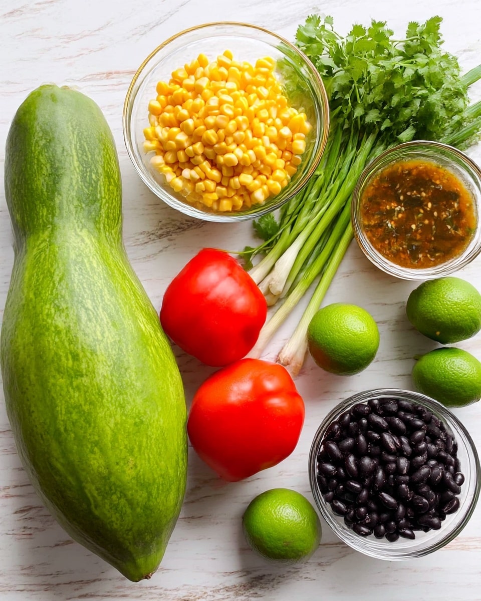 This image shows a variety of fresh ingredients laid out for a recipe on a white marbled surface. There is one large green papaya with a textured skin that takes up the left side. To the right of it, there is a bunch of green cilantro with leafy texture. Near the top middle, a clear glass bowl with yellow sweet corn kernels sits next to a bright red bell pepper and some spring onions with green stalks. On the right side, there are two green limes and two whole red tomatoes. A small clear bowl with a brownish sauce containing visible seeds and herbs is placed near the top right. At the bottom right corner, a clear glass bowl filled with black beans sits close to the cilantro. The whole scene is brightly lit, and the colors of the ingredients stand out clearly. Photo taken with an iphone --ar 4:5 --v 7