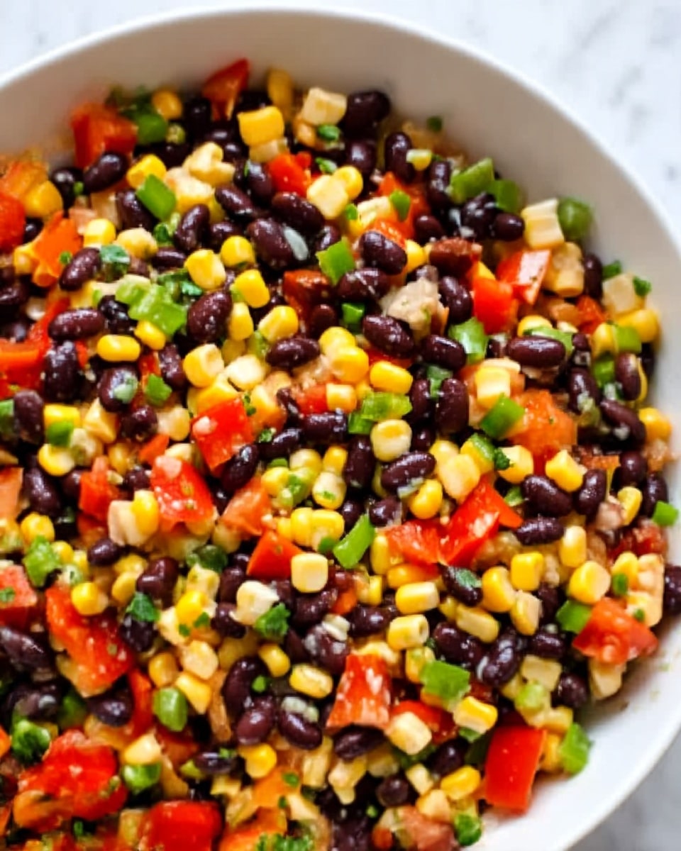 The image shows a close-up of a fresh bean salad in a white bowl on a white marbled surface. The salad has several layers of small colorful ingredients mixed together: black beans that are smooth and shiny, yellow corn kernels that look soft, bright red diced tomatoes, and small green pieces of chopped peppers and herbs scattered evenly throughout. The overall texture is fresh and chunky with vibrant colors of black, yellow, red, and green mixed in a lively way. Photo taken with an iphone --ar 4:5 --v 7