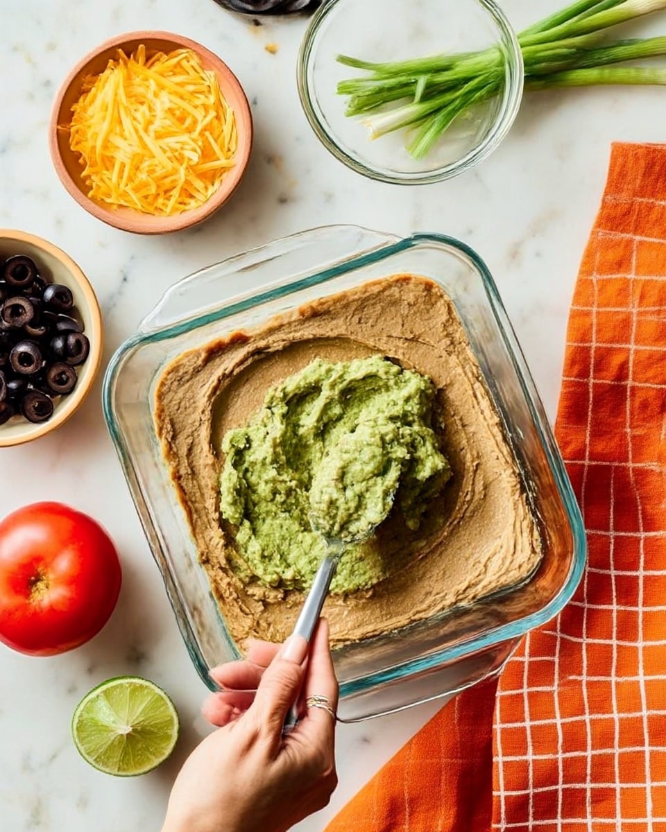 The image shows a clear glass square dish with two layers inside. The bottom layer is smooth and brown, filling the base evenly. The second layer is a chunky green mixture being spread unevenly with a spoon held by a woman's hand in the lower center. Around the dish are small bowls with black sliced olives, shredded yellow cheese, and a green sauce. A whole red tomato, fresh green onions, and a lime sliced in half sit on the white marbled surface. An orange cloth with a white grid pattern is on the right side. Photo taken with an iphone --ar 4:5 --v 7