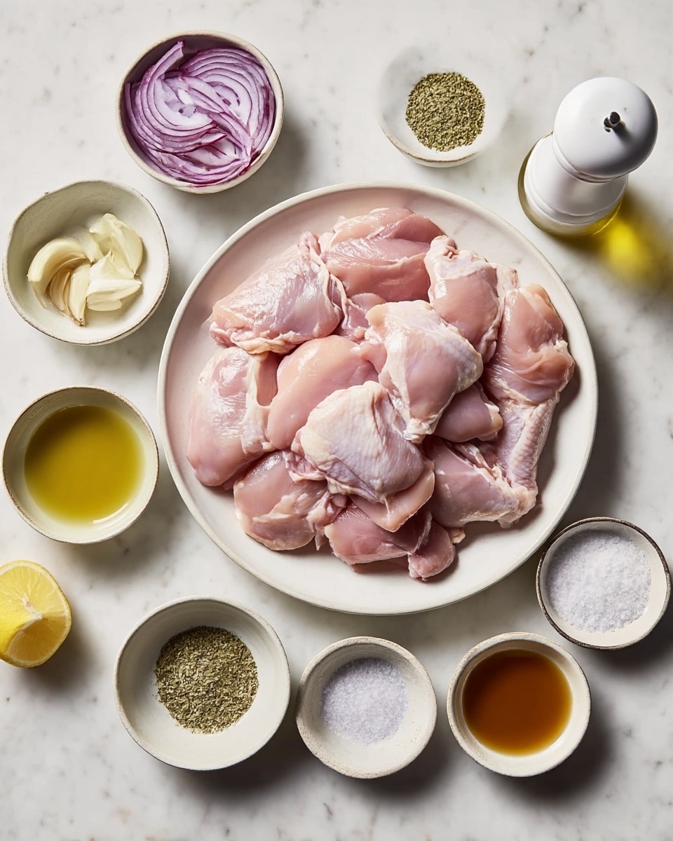 A large white round plate sits in the center filled with raw, light pink chicken thighs arranged in a loose pile showing smooth and slightly shiny textures. Around the plate, several small white bowls contain thin slices of purple-red onion, green dried herbs, pale yellow garlic cloves, a yellow lemon half, coarse white salt, and three types of liquid sauces in brown, light yellow, and golden colors. There is also a small clear glass bottle of golden oil and a white pepper grinder. All items are placed on a white marbled surface. Photo taken with an iphone --ar 4:5 --v 7