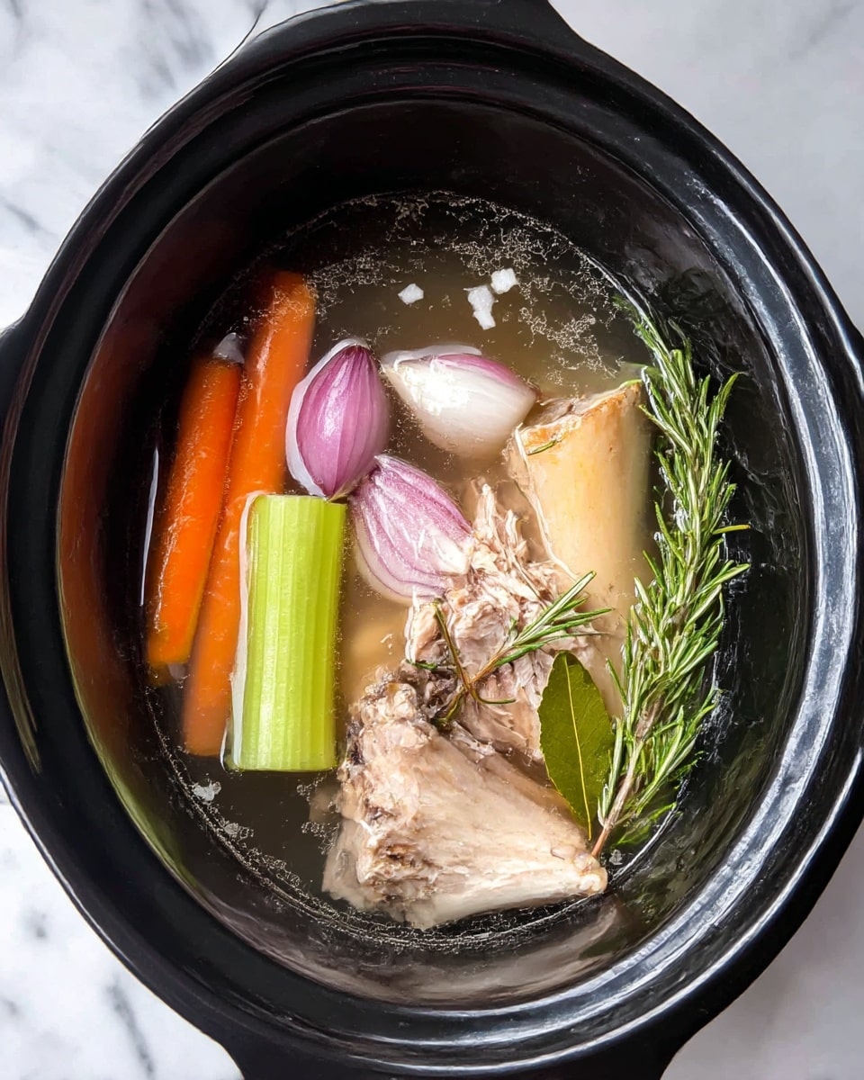 The image shows a black slow cooker filled with clear broth containing several ingredients. Inside, there are two orange carrot sticks and one pale green celery stick placed near the bottom left. Next to these, there are three pieces of purple onion with white bases. On the right side, there is a large light brown chicken bone with some white meat pieces attached. A green sprig of rosemary lays diagonally across the right side, and a small green bay leaf is visible near the center. The liquid covers all ingredients, and some small white fat bits float on top. The cooker is set on a white marbled surface. Photo taken with an iphone --ar 4:5 --v 7