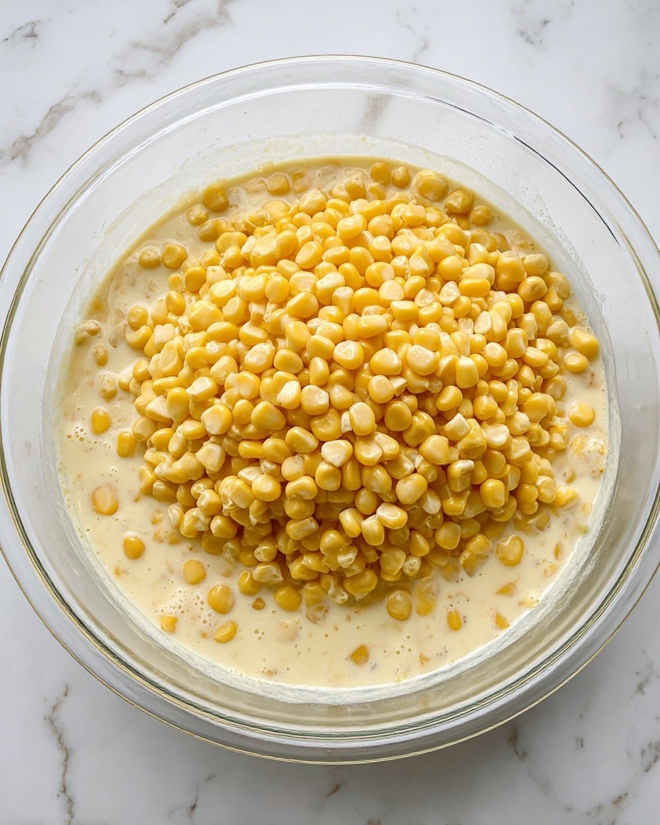 A large clear glass bowl sits on a white marbled surface, filled with two layers: the bottom layer is a creamy, pale yellow liquid with some small pieces visible in it, and the top layer is a thick mound of bright yellow corn kernels, covering most of the liquid. The corn looks fresh and slightly shiny, giving texture to the mix. photo taken with an iphone --ar 4:5 --v 7