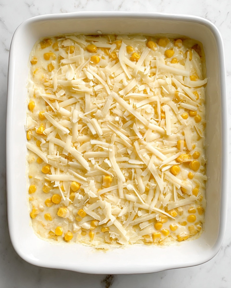 The image shows a white square baking dish filled with a creamy corn mixture as the first layer, visible with yellow corn kernels sitting in a light creamy sauce. The top layer is scattered with light-colored shredded cheese spread evenly across the surface. The baking dish is set on a white marbled texture surface. photo taken with an iphone --ar 4:5 --v 7