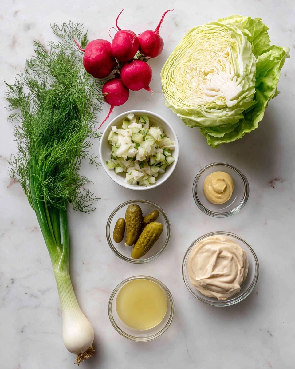 The image shows fresh ingredients laid out on a white marbled surface. On the top right, there is a half head of green cabbage with a pale yellow center and fresh green outer leaves. Below the cabbage, there is a small white bowl filled with chopped dill pickles, showing light green and beige pieces. Next to it on the right, a small glass bowl holds a dollop of mustard, light yellow and smooth in texture. Below that, another small glass bowl contains light yellow pickle juice with some visible whole cloves. To the bottom right, a medium glass bowl filled with light beige mayonnaise appears creamy and thick. On the bottom left of the image, a fresh green onion with its white bulb and green stalks stretches diagonally. Above the onion, a dark green bunch of dill shows fine feathery leaves. Above the dill, two small, round, bright red radishes with attached green leaves lie next to a small clear bowl containing two light yellow garlic cloves. All items are spaced out neatly on the surface. Photo taken with an iphone --ar 4:5 --v 7