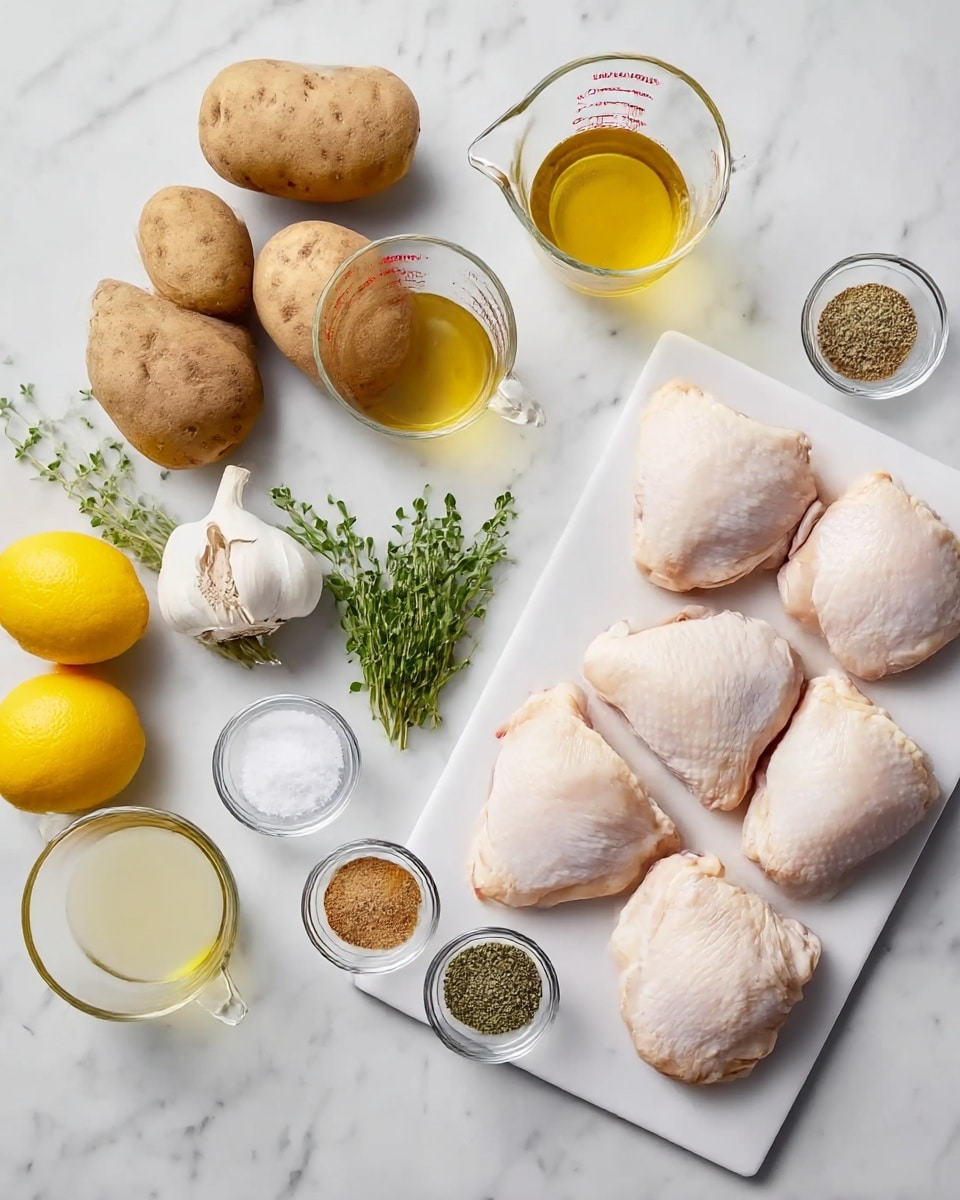The image shows a white marbled surface with three large brown potatoes and three bright yellow lemons placed on the left side. Near them, there is a bulb of garlic and a small bunch of fresh green herbs, possibly oregano. Two glass measuring cups contain liquids: one with golden olive oil and another with a pale yellow broth. Around the herbs and liquids, there are small glass bowls holding white salt, light brown spices, and greenish herbs. On the right side, a white cutting board holds eight raw chicken thighs arranged neatly in two rows, showcasing their pale pink skin. The overall look is clean and organized, with each ingredient clearly visible. photo taken with an iphone --ar 4:5 --v 7