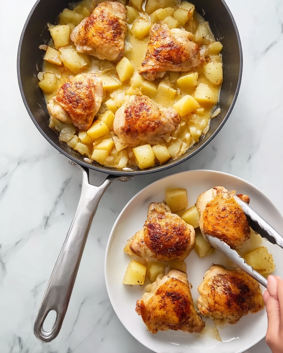 The image shows a black pan with a gray handle filled with six pieces of golden brown roasted chicken on top of chopped light yellow potatoes, all cooked in a light sauce. A white plate in the foreground holds five pieces of the same roasted chicken, each piece shiny and crisp with some visible seasoning. A woman's hand is using silver tongs to move one piece of chicken from the pan to the plate. The background is a white marbled surface. photo taken with an iphone --ar 4:5 --v 7