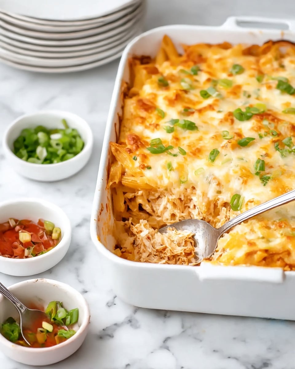 A white rectangular baking dish filled with a layered pasta bake showing a golden, melted cheese top sprinkled with bright green chopped onions. Under the cheese layer, creamy sauce covers the penne pasta, which looks soft and mixed with shredded pieces. A silver spoon rests inside the dish, partly scooping the lower pasta layers. Nearby on the white marbled surface, there are two small round white bowls, one filled with more chopped green onions and the other with a bright red sauce with a silver spoon. In the blurry background, there are stacked white plates. photo taken with an iphone --ar 4:5 --v 7