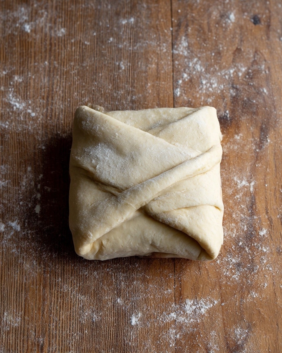 A single piece of dough folded neatly into a square shape with multiple layers visible where the edges overlap, giving a slightly puffy and soft look. The dough is pale beige with a smooth texture and some light flour dusted on top. It sits on a wooden surface sprinkled with white flour, showing a rustic and natural background. The folds create some gentle curves and creases on the top, making the dough look thick and ready for baking or cooking. photo taken with an iphone --ar 4:5 --v 7