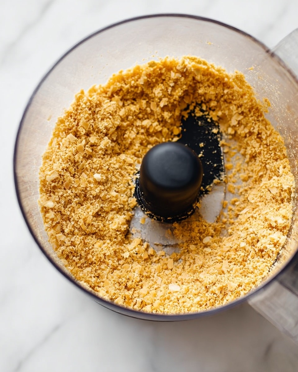 A close-up image showing a clear food processor bowl filled with crushed golden crumbs. The crumbs are roughly ground, showing small and medium-sized pieces of light brown and beige texture. The black blade inside the bowl is partially covered by the crumbs. The bowl sits on a white marbled surface. Photo taken with an iphone --ar 4:5 --v 7