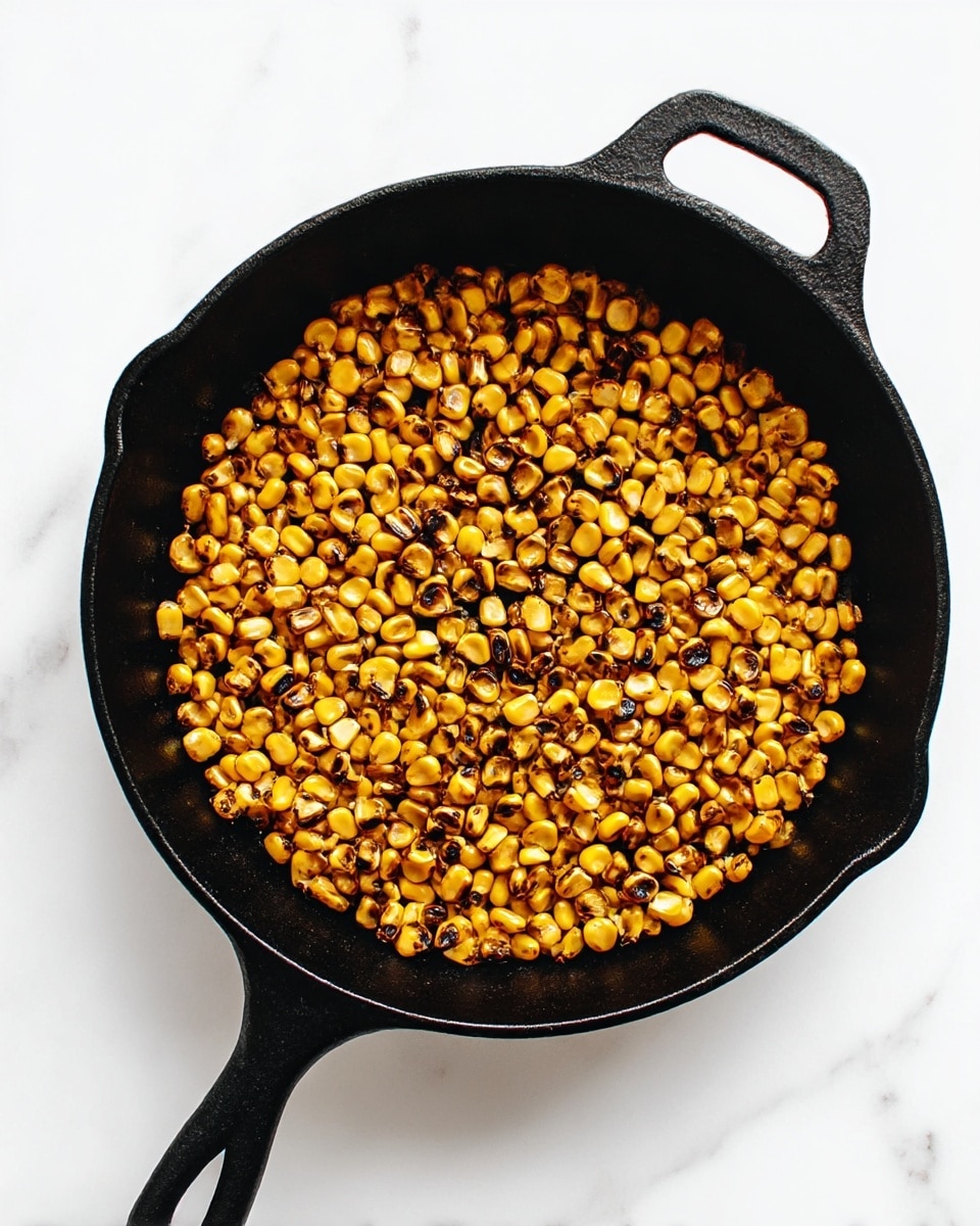 A black cast iron pan filled with one layer of golden yellow corn kernels that have dark brown char marks scattered unevenly, giving a roasted look. The pan has a handle extending to the left and a smaller handle on the right, set against a white marbled background. Photo taken with an iphone --ar 4:5 --v 7