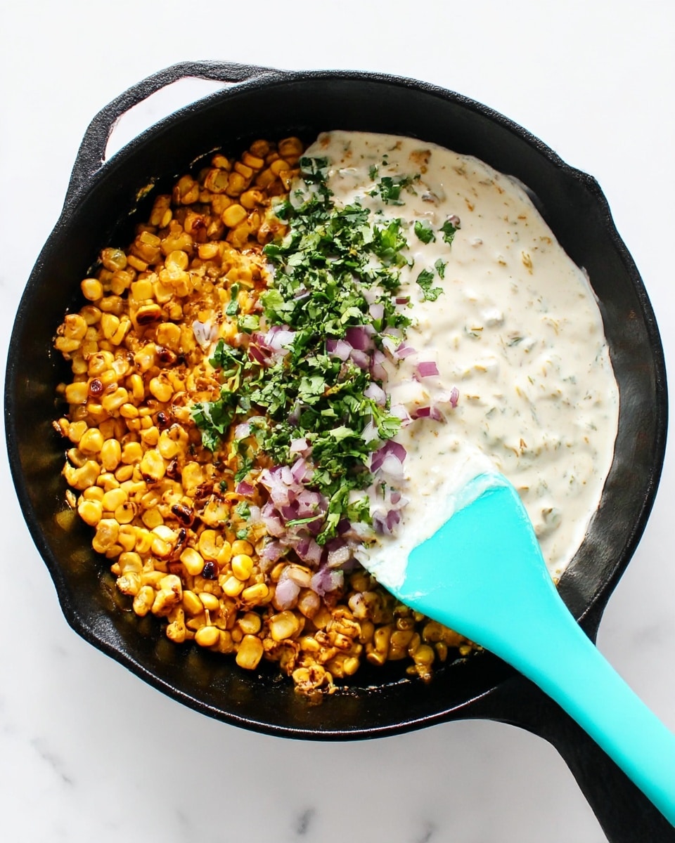 In a black cast iron pan filled with two layers, the bottom layer is golden brown roasted corn with some darker toasted spots, showing a slightly crispy texture. The top layer consists of a creamy white sauce mixed with small pieces of light purple onion and chopped green cilantro scattered evenly on one side. A turquoise spatula is partially submerged in the sauce, resting on the right side of the pan. The scene is set on a white marbled surface with bright, natural light. photo taken with an iphone --ar 4:5 --v 7