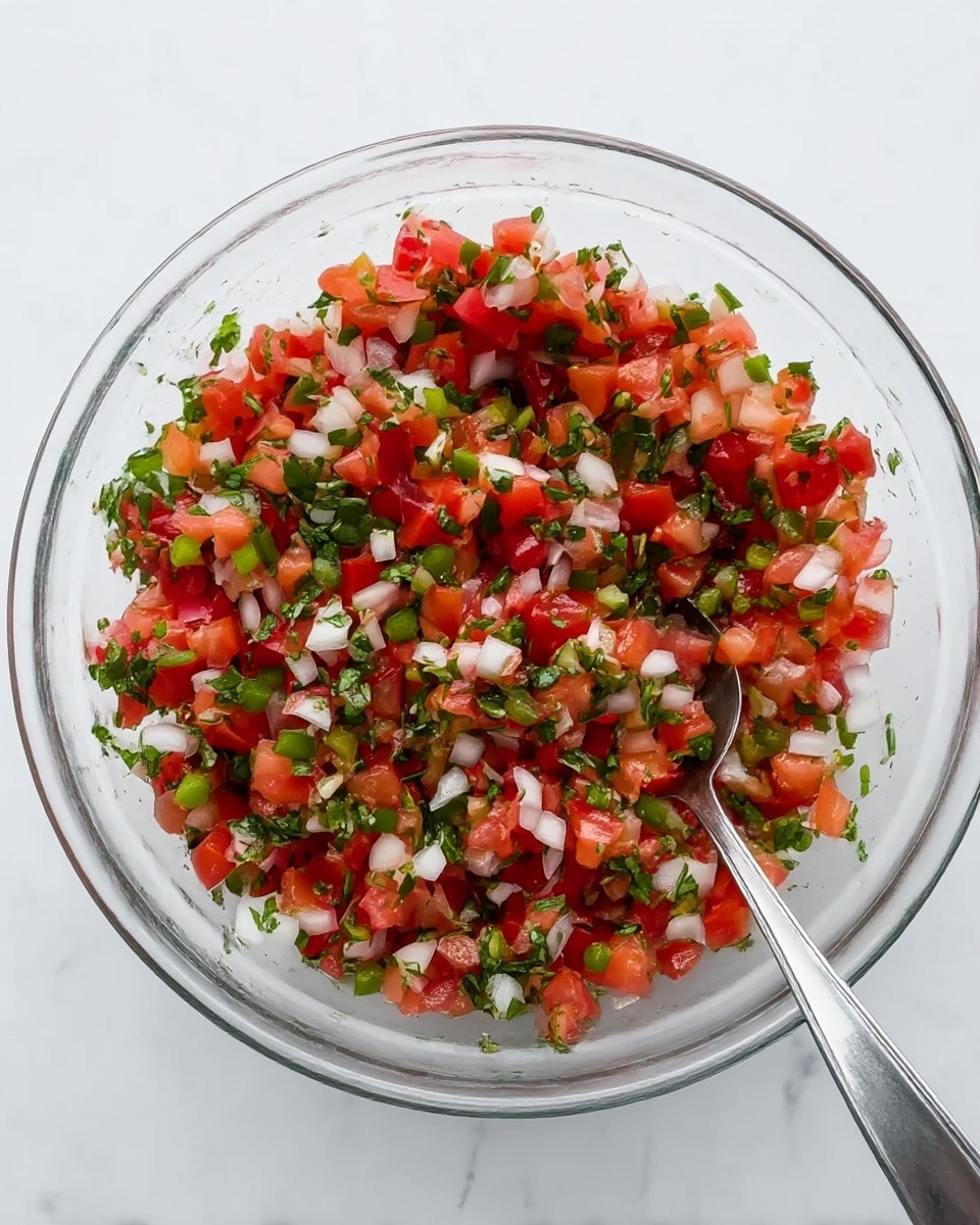 A clear glass bowl filled with a colorful mix of finely chopped red tomatoes, white onions, green peppers, and small bits of green cilantro. The chopped ingredients are evenly mixed, creating a vibrant and fresh look with the small pieces of each vegetable clearly visible. A metal spoon with a round handle is resting inside the bowl on the right side. The bowl is placed on a white marbled surface. photo taken with an iphone --ar 4:5 --v 7