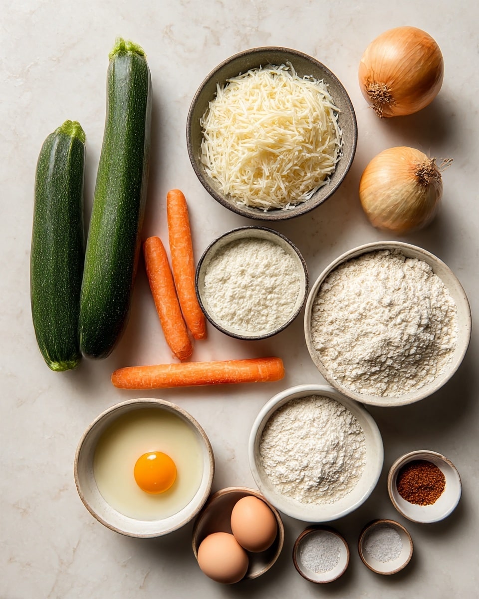 The image shows various cooking ingredients arranged neatly on a white marbled surface. There are two green zucchinis placed vertically on the left side, below them two orange carrots lie parallel. Near the middle top, there is a bowl filled with shredded cheese, and below it a smaller bowl holds a mix of white powder likely flour. Another larger bowl to the right side is full of flour. To the left center, a small bowl contains one raw egg yolk, while a larger bowl on the bottom right holds three brown and one pale egg. Scattered around these main items are small bowls holding spices and salt, and one golden-brown onion is placed at the top right corner. The whole setting is seen from above, creating a clean and organized look. Photo taken with an iphone --ar 4:5 --v 7