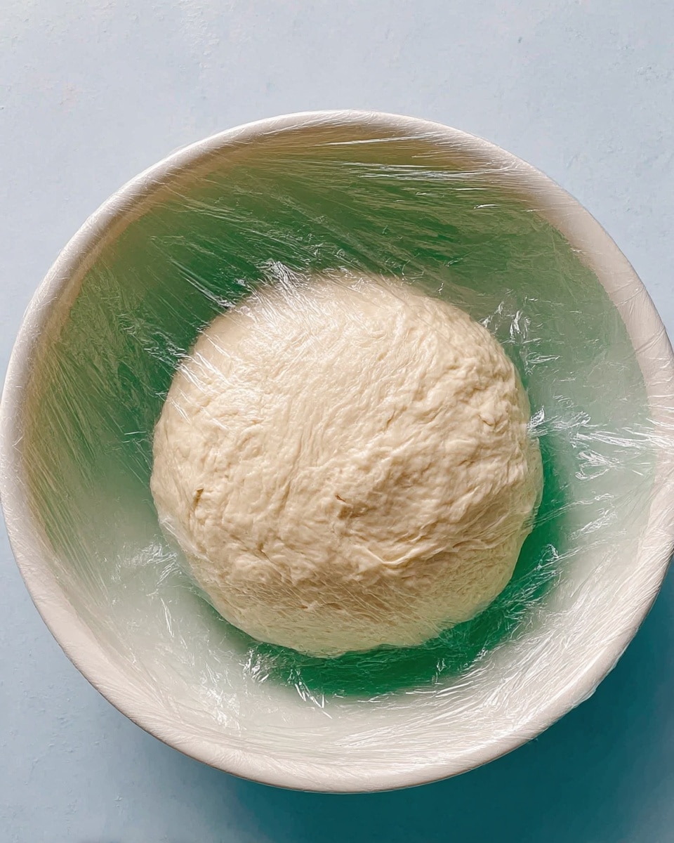 A round ball of dough with a rough, slightly bumpy texture is sitting in the center of a white bowl. The dough is covered tightly with a clear plastic wrap that shows small wrinkles and reflections. The bowl contrasts with a soft white marbled surface underneath. The dough looks soft and pale, ready to rise or be used. photo taken with an iphone --ar 4:5 --v 7