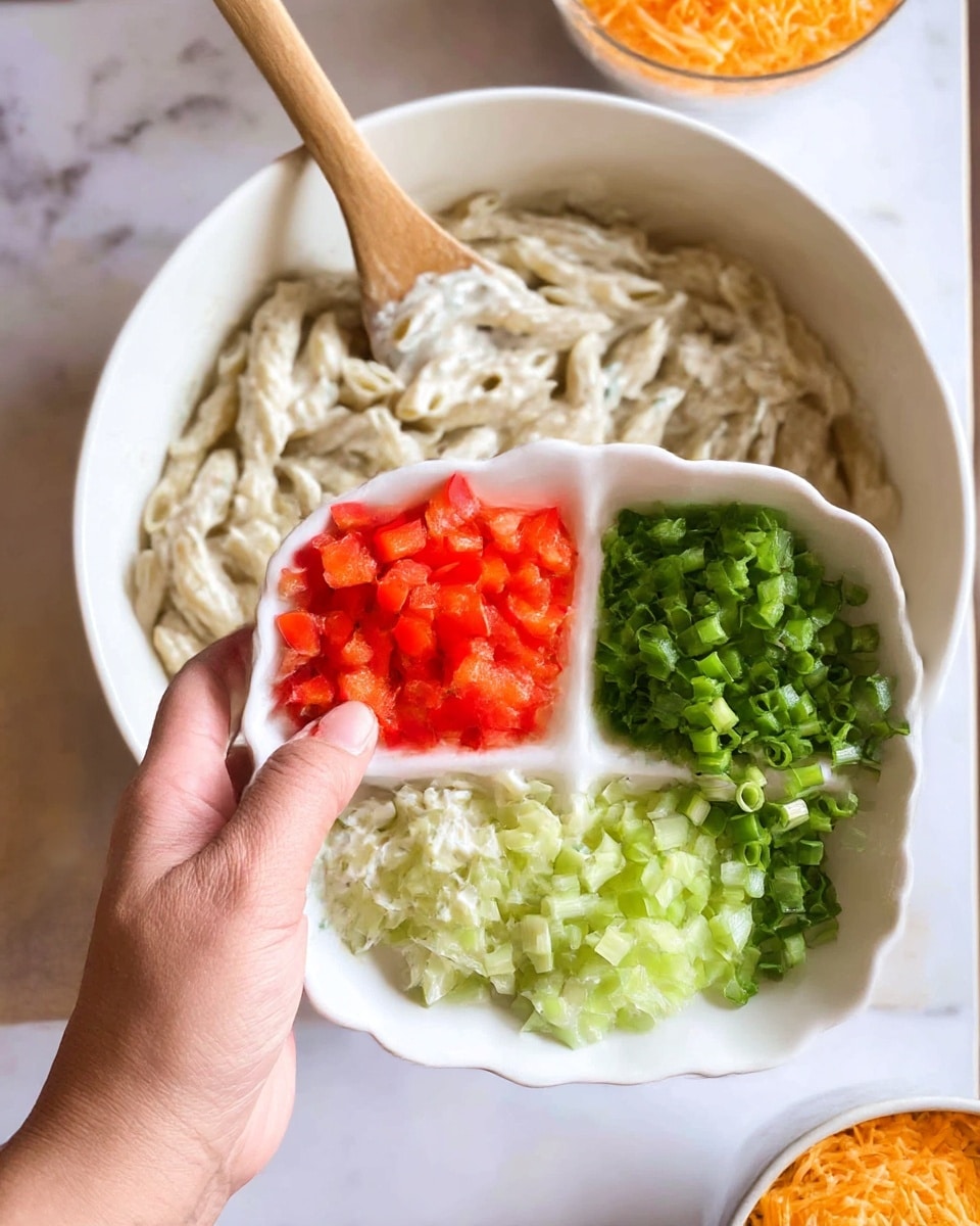 A close-up image shows a white bowl filled with light beige pasta coated in a creamy white sauce with a wooden spoon resting inside. In the foreground, a woman's hand holds a small white scalloped dish divided into four sections, each containing finely chopped colorful vegetables: bright red bell peppers at the top left, vibrant green bell peppers at the top right, pale green celery at the bottom right, and dark green chopped green onions at the bottom left. The setting is on a white marbled surface with part of another bowl filled with shredded orange cheese visible at the side. photo taken with an iphone --ar 4:5 --v 7
