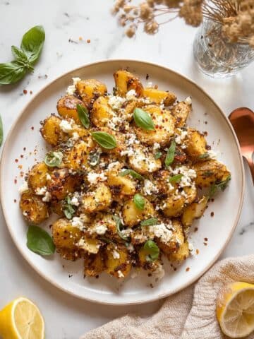 Baked Feta Potatoes with Roasted Garlic, Lemon, and Basil Recipe