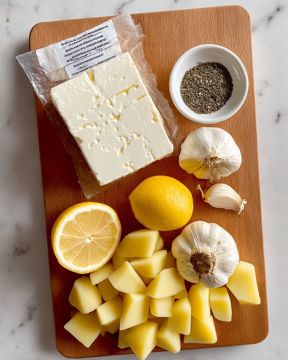 A wooden board holds several fresh ingredients arranged neatly: a large white block of feta cheese in its packaging sits on the top left, next to a small white bowl filled with dried seasonings, including salt and herbs, placed to the top right. Below the feta and bowl, there is a halved lemon with bright yellow flesh, and near it sits a garlic bulb sliced in half, showing its small cloves. At the bottom, a pile of peeled yellow potatoes cut into medium chunks fills the lower part of the board, creating texture contrast with smooth cheese and rough garlic head. The whole setup is on a white marbled surface, giving a clean and bright feel to the image photo taken with an iphone --ar 4:5 --v 7