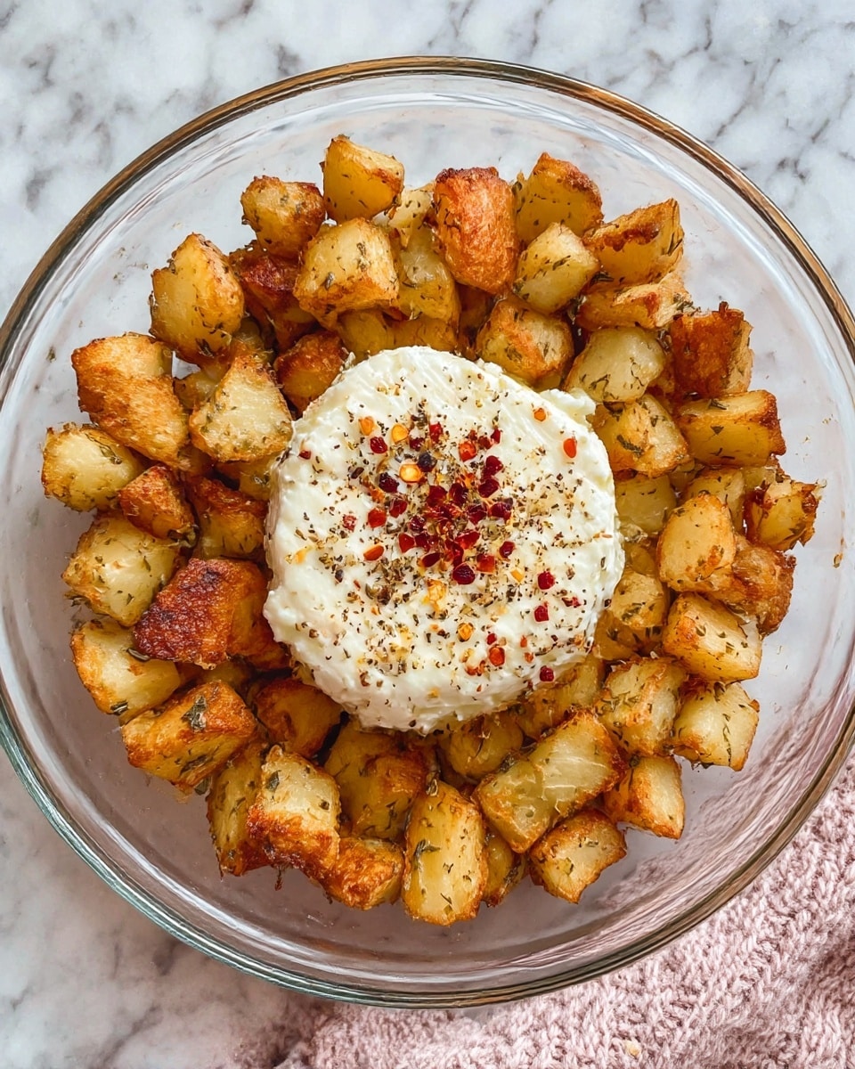 A clear glass bowl holds a round block of white soft cheese in the center, sprinkled with black pepper and red chili flakes. Surrounding the cheese are many small, golden-brown roasted potato cubes with a crispy texture and some herbs visible on their surface. The potatoes are uneven in size, and their edges show a mix of light and darker browns from roasting. The bowl sits on a white marbled surface with a light pink knitted cloth partly visible to the side. photo taken with an iphone --ar 4:5 --v 7