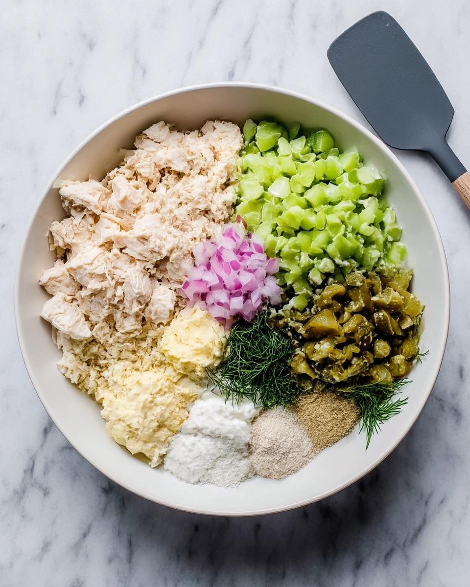 A white bowl holds seven different ingredients arranged in separate sections. The bottom left section has light beige chopped chicken. Above it is a bright green section of chopped celery. Next to the celery, on the right, is a pile of darker green chopped pickles. Above the chicken, there is a small section of finely chopped red onion with a pinkish hue. In the center, there are small piles of creamy pale yellow mayonnaise, white sour cream, light beige powder, and fresh green dill. The bowl sits on a white marbled surface with a dark gray spatula on the top right side. Photo taken with an iphone --ar 4:5 --v 7
