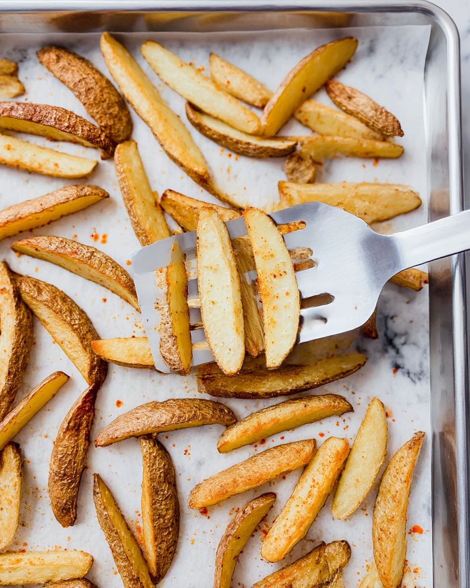 The image shows a metal baking tray covered with white parchment paper, holding many golden potato wedges with brown, crispy skins. The wedges are spread out evenly, some lying flat while others rest at angles. A silver spatula with a long handle is lifting a group of wedges near the center, highlighting their soft, slightly pale inside and rough textured skins. Small bits of seasoning, like pepper and orange powder, are sprinkled across the potatoes. The background is a white marbled texture. photo taken with an iphone --ar 4:5 --v 7