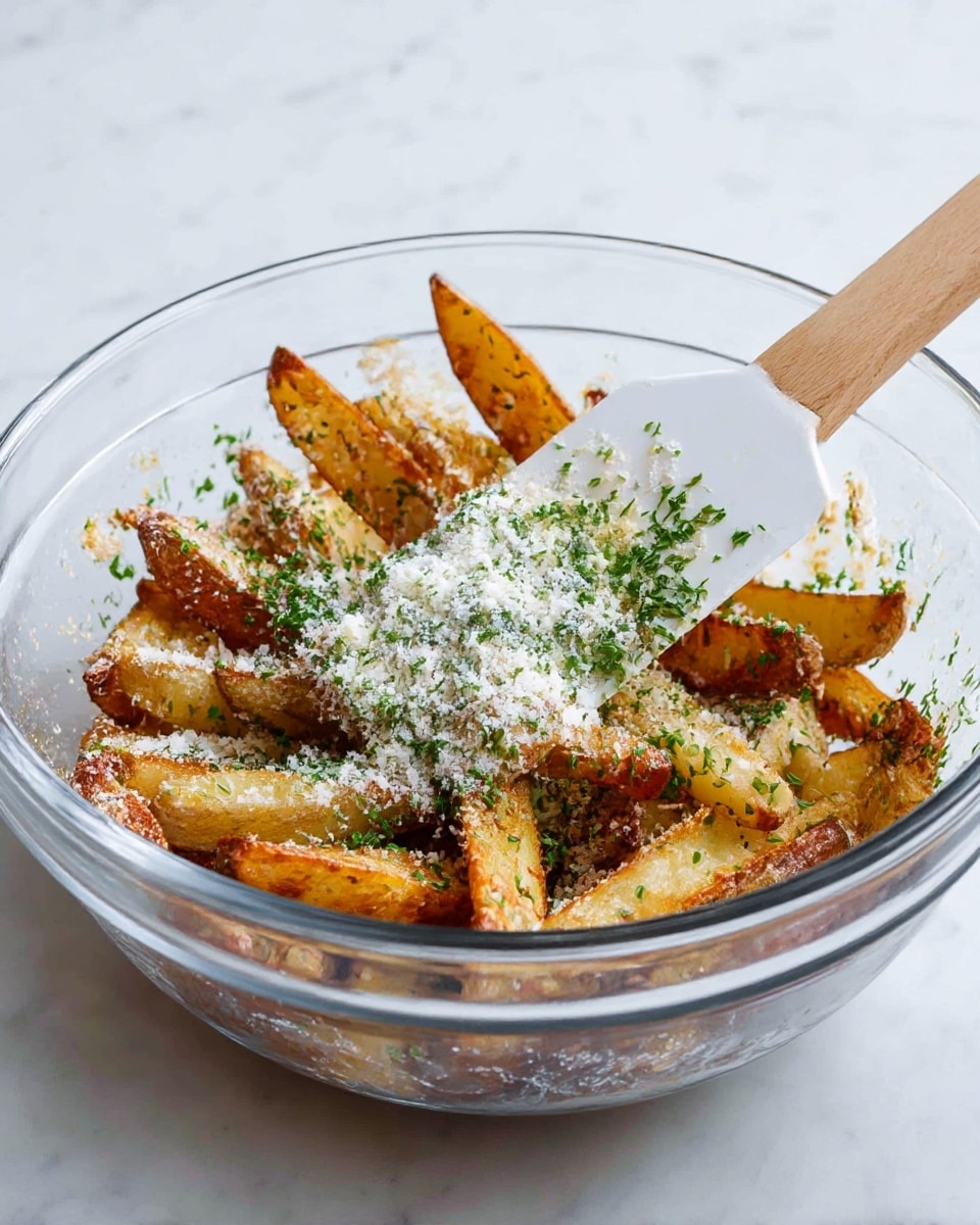 A clear glass bowl sits on a white marbled surface filled with golden-brown potato wedges as the base layer, showing some crispy edges and soft texture. On top, there is a sprinkle of finely chopped green herbs scattered evenly across the wedges. White powdered cheese is dusted generously over the herbs and potato pieces. A white spatula with a wooden handle is inserted into the bowl, slightly lifting some wedges. photo taken with an iphone --ar 4:5 --v 7