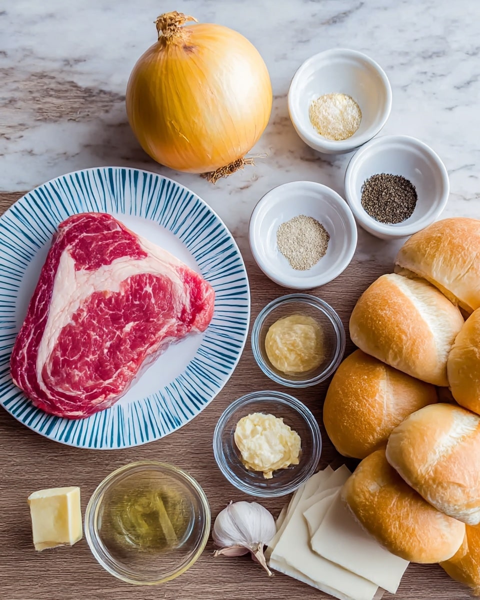 The image shows raw ingredients on a wooden table with a white marbled texture background. On the left, there is a thick cut of raw red meat with white marbling placed on a white plate with blue stripes. Above it, a whole yellow onion sits. To the right of the onion, there are three small round bowls: one with black pepper, one with salt, and one with a small amount of mayonnaise. Below the bowls, there is a small glass bowl with a piece of butter and a single garlic clove near it. Near the bottom center, several slices of white cheese are stacked. On the far right, there is a pile of light golden brown soft bread rolls. Photo taken with an iphone --ar 4:5 --v 7