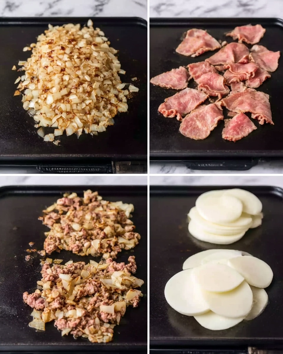 The image is divided into four parts showing a cooking process on a black flat griddle. The top left shows a large pile of finely chopped light brown onions with a slightly shiny texture. The top right shows thin, pink slices of meat spread out on the griddle with some brown edges. The bottom left shows the pink meat mixed with the chopped onions, both lightly browned and cooked together. The bottom right shows the cooked mixture topped with white sliced rounds, likely cheese, partially melting on top. The background and surface around the griddle have a white marbled texture. Photo taken with an iphone --ar 4:5 --v 7