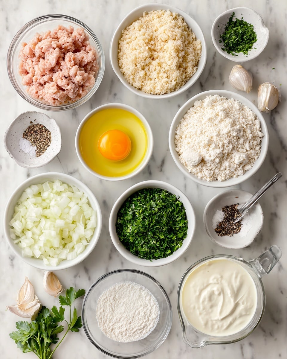 The image shows different small white bowls and a clear measuring cup arranged on a white marbled surface. Starting from the top left, there is a clear container with light pink ground chicken. To the right is a white bowl filled with pale tan bread crumbs. Below the ground chicken is a white bowl with grated, crumbly white parmesan cheese. In the middle is a glass bowl with a raw egg showing bright yellow yolk and clear egg white. To the right of the egg is a white bowl with small diced white onions. Below the parmesan cheese is a small white bowl holding whole peeled garlic cloves. Next to it is a white bowl with chopped bright green parsley. To the right is a white bowl of white flour, and above it a small metal spoon holds pink salt. Below the garlic are bowls of black and pink salt and pepper mixed, more garlic cloves, another portion of chopped parsley, a small bowl of yellow olive oil, and at the bottom right a clear measuring cup filled with white heavy whipping cream. The overall arrangement is neat and evenly spaced. photo taken with an iphone --ar 4:5 --v 7