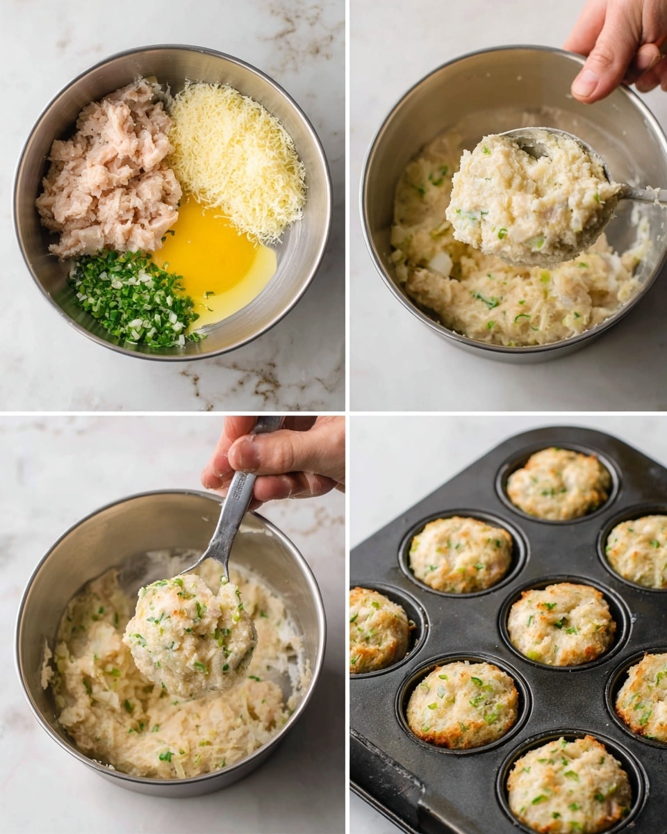 The series of images shows the preparation of a light mixture in a steel bowl on a white marbled surface. The first image presents the ingredients clearly layered: minced light pink chicken, a yellow egg yolk, chopped white onion, bright green herbs, yellow grated cheese, and light breadcrumbs, all separate within the bowl. The second image shows the mixture fully blended into a creamy, slightly grainy texture with visible small green herb pieces mixed throughout. In the third image, a woman's hand holds a scoop filled with the thick, pale beige mixture, ready to place it. The fourth image shows a black muffin tray with the mixture shaped into round, flat patties neatly placed in each cup. Photo taken with an iphone --ar 4:5 --v 7