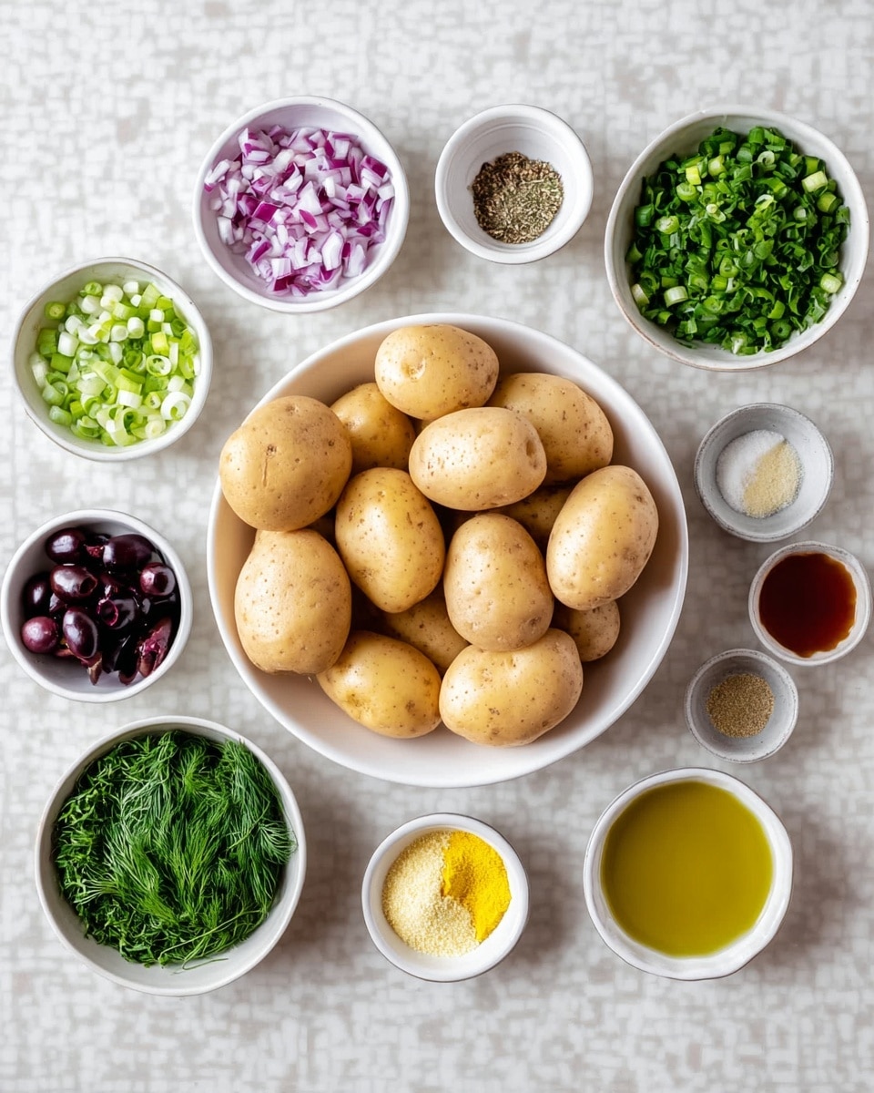 A white bowl in the center holds eight small light-brown potatoes with smooth skins. Around the bowl, arranged in a circle on a white marbled surface, are small white cups and bowls with various ingredients: finely chopped purple onions, sliced green spring onions, chopped fresh green parsley, dark purple olives, minced light yellow garlic, coarse black pepper, salt, dry green herbs, yellow mustard, reddish-brown liquid, and golden oil. One bowl contains bright green fresh dill. The overall layout is neat, showing all elements clearly and evenly spaced. Photo taken with an iphone --ar 4:5 --v 7