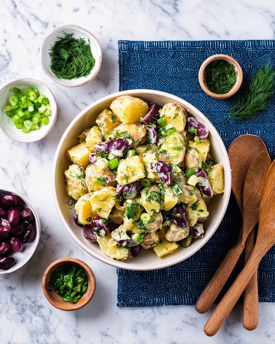 A white bowl filled with a layered potato salad showing roughly chopped golden potato pieces mixed with dark purple olive slices and small green chopped herbs like dill and parsley. Additional green onion slices are scattered inside the bowl. Around the main bowl, there are three small white bowls containing whole dill, chopped parsley, and halved dark purple olives. On the right side, two wooden salad spoons rest on a dark blue cloth, all placed on a white marbled surface. Photo taken with an iphone --ar 4:5 --v 7