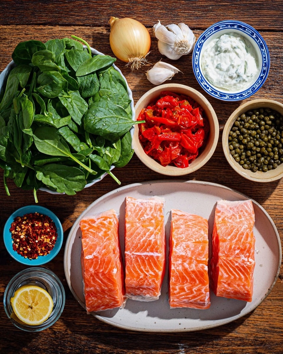 The image shows fresh green spinach leaves in a white bowl on the bottom left. To the top left, there are two shallots and a white garlic bulb with peeled cloves nearby. Next to them, a small white bowl with a blue rim holds creamy white yogurt. To the right of the yogurt, a small beige bowl is filled with bright red roasted red peppers. On the right side of the image, there is a white oval plate with four raw salmon fillets lined up from biggest to smallest, showing their pinkish-orange color with white marbling. Below the salmon, a small blue dish contains red chili flakes, a clear round bowl holds dark green capers, and a tiny beige bowl has a lemon. All items sit on a dark wooden surface. photo taken with an iphone --ar 4:5 --v 7