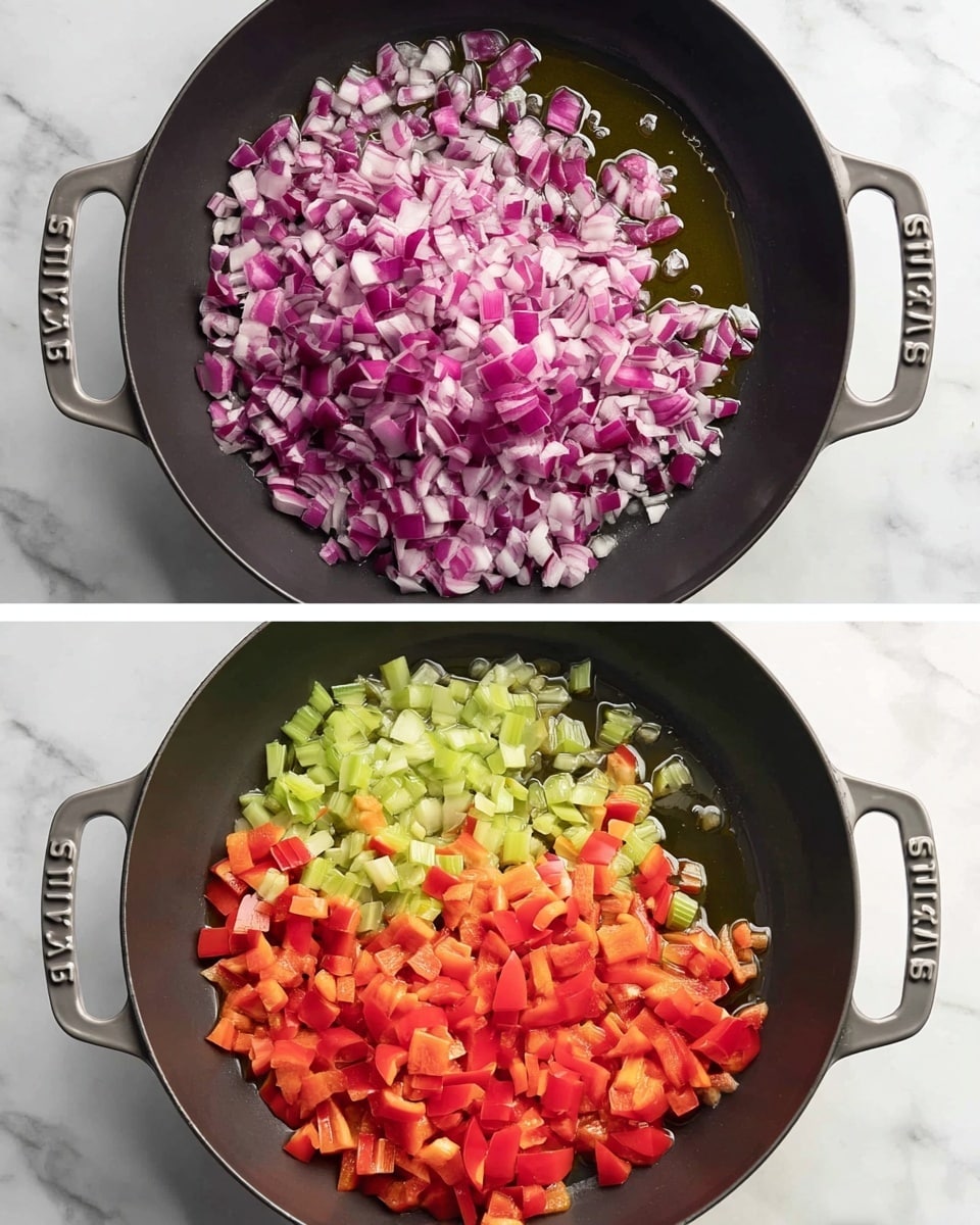 The image shows two photos of a large black pan on a white marbled surface with a white marbled texture background. The top photo has one layer of chopped red onions spread on the left side of the pan in olive oil, which covers the right side. In the bottom photo, there are now three layers of chopped vegetables let into the pan: red onions on the left, small green celery pieces on the right, and bright red bell peppers at the bottom center, all sitting in the olive oil. The pan handles have