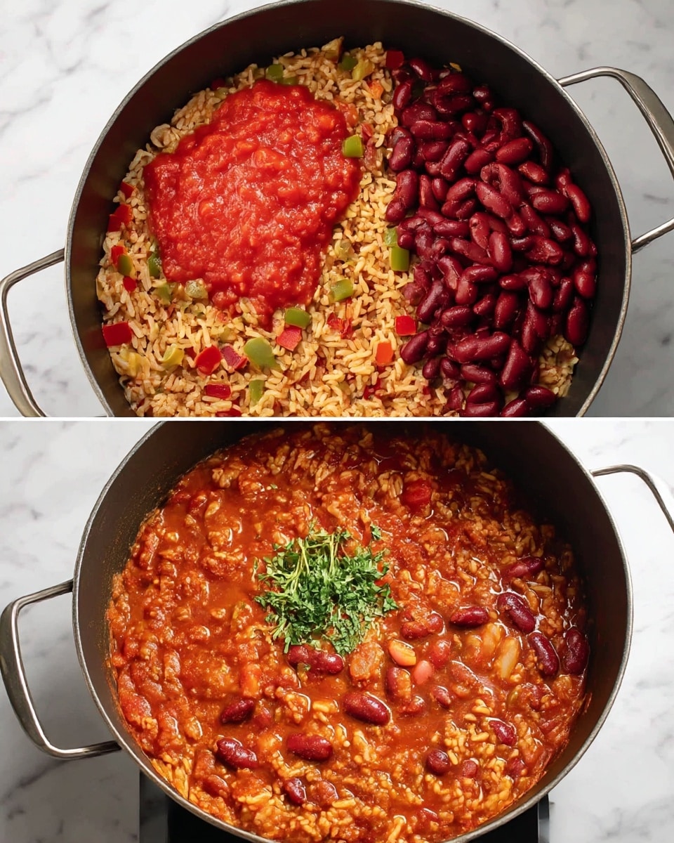 The image shows a large dark cooking pot with two views. In the top view, there is a base layer of cooked rice mixed with small pieces of red and green bell peppers and onions, giving a mix of light brown, red, and green colors. On top of the rice mixture, on the left side, there is a generous layer of bright red chopped tomatoes sauce, and on the right side, a heap of dark red kidney beans. In the bottom view, the ingredients are mixed into a thick stew with a rich reddish-brown color, dotted with pieces of beans, rice, and vegetables. In the center of the pot, there is a small garnish of fresh green herbs. The pot is sitting on a smooth surface with a white marbled texture. photo taken with an iphone --ar 4:5 --v 7