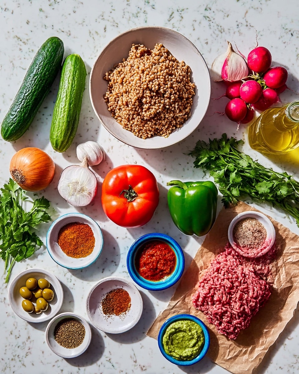 The image shows many fresh ingredients laid out on a white marbled surface, including a large mound of brown cooked grains in a white bowl, three whole cucumbers, two whole tomatoes, one whole green bell pepper, an onion, four garlic cloves, a bunch of cilantro, three radishes, and a pile of raw ground meat on brown paper. Several small white and blue bowls hold different spices, green olives, red paste, and a green creamy sauce. There is also a clear glass bottle with olive oil. The ingredients are evenly spread in a flat lay style showing vibrant colors and textures photo taken with an iphone --ar 4:5 --v 7