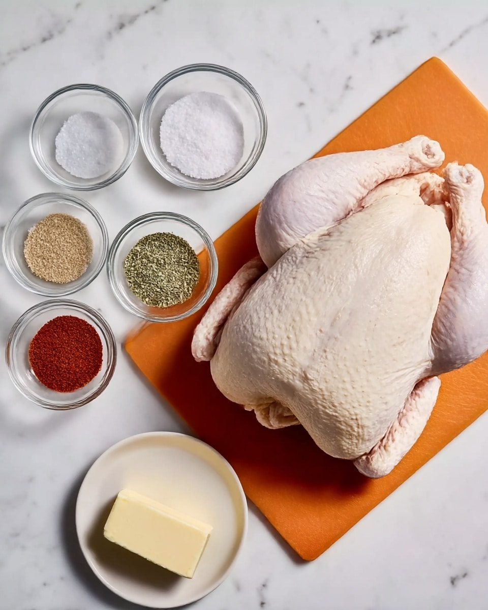 A raw whole chicken is placed on an orange cutting board on a white marbled surface. To the left of the chicken, there are three small clear glass bowls, each containing different spices: the top bowl has salt, the middle bowl has a green dried herb mix, and the bottom bowl holds a red spice powder. In front of these bowls, there is a small white plate with a stick of butter on it. The arrangement is clean and simple, showing all ingredients neatly spaced apart. photo taken with an iphone --ar 4:5 --v 7