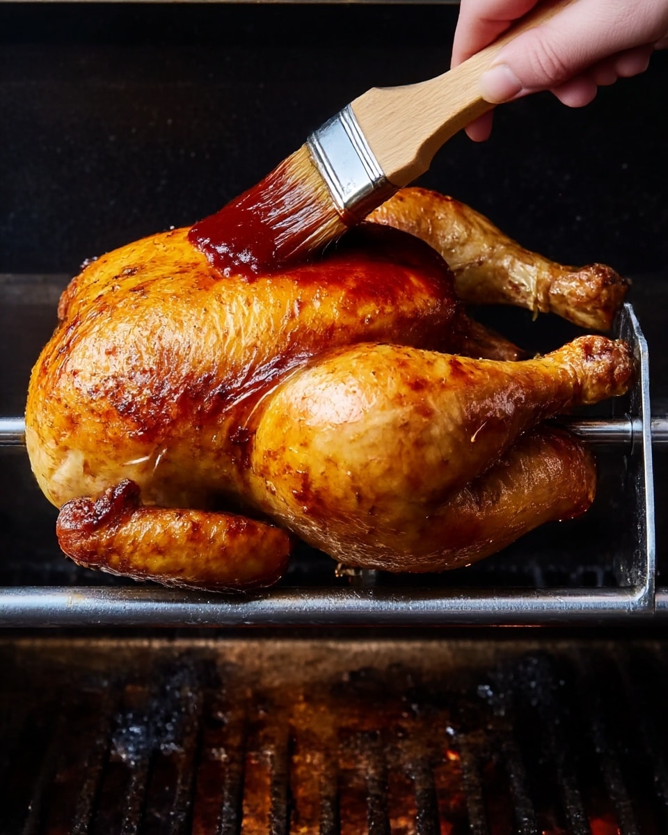 A whole golden chicken is shown on a metal rotisserie rod above a grill, with a woman's hand brushing a thick, dark red sauce over the top of the chicken's skin using a wooden brush. The chicken's skin is shiny and slightly browned, showing juices and the texture of the sauce. The background features a dark grill surface with grill marks and some burns. photo taken with an iphone --ar 4:5 --v 7