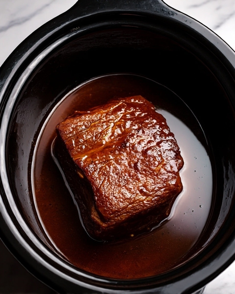 A single large piece of cooked meat with a dark brown, shiny, and slightly textured surface sits in the center of a round black dish. The meat is covered in a glossy sauce that pools lightly around it inside the dish. The close-up view shows the rich color and moistness of the meat and sauce. The background is a white marbled texture. photo taken with an iphone --ar 4:5 --v 7