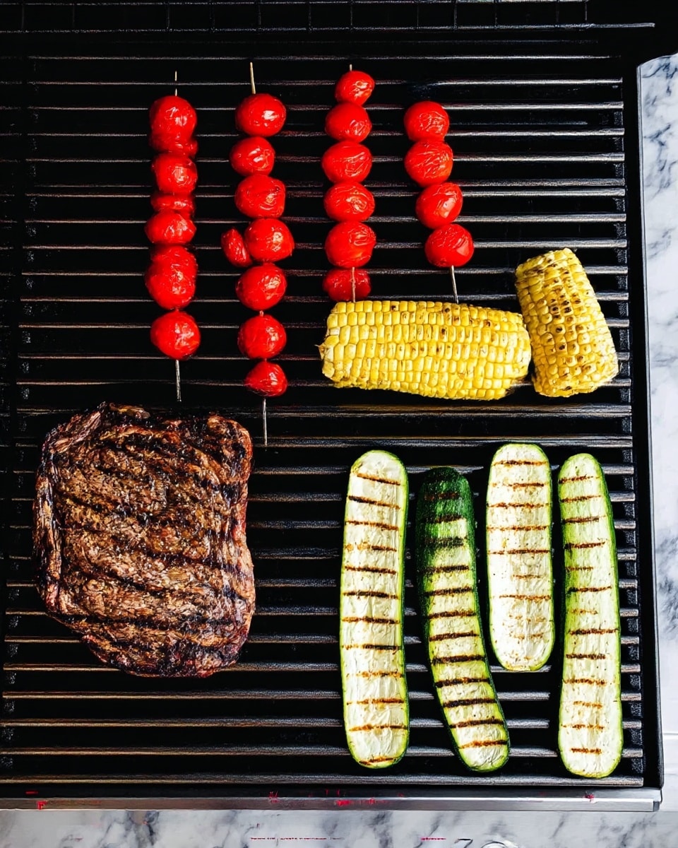 On a grill with black grates, there is one large piece of steak on the left side with dark brown grill marks and a textured, slightly charred surface. Above the steak, there are four skewers of small round red tomatoes, each skewer holding many tomatoes with some slight charring. On the right side of the grill, there are two ears of corn with bright yellow kernels and dark grill marks running across them. Below the corn, there are eight long pieces of grilled zucchini, with green skin on one side and white flesh on the other, each piece showing parallel dark grill marks. The grill is set against a white marbled surface at the bottom edge. photo taken with an iphone --ar 4:5 --v 7