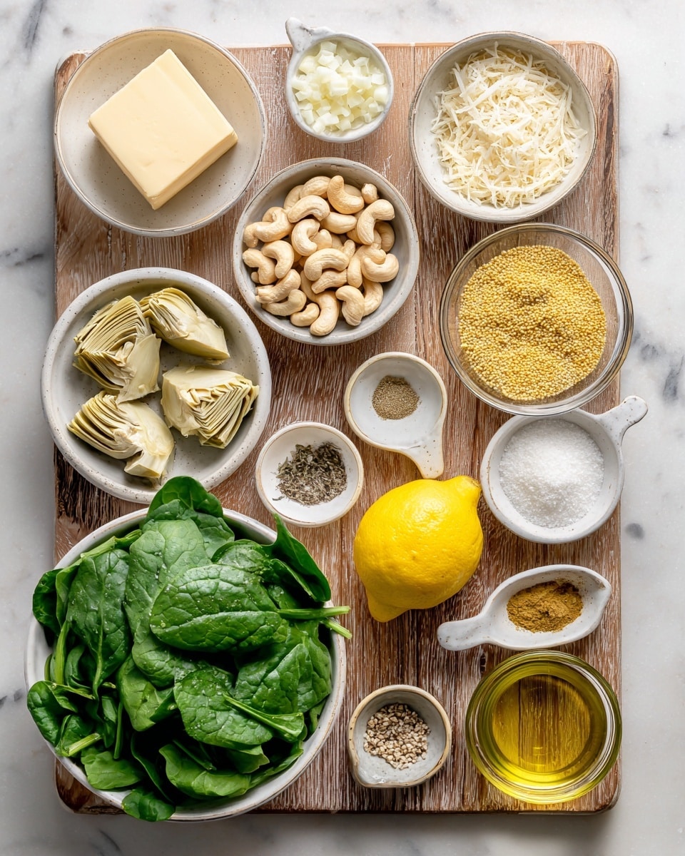 The image shows an overhead view of various ingredients arranged neatly on a white marbled surface. At the center is a wooden board holding several small white bowls and one clear glass bowl. Starting from the top left, there is a white bowl with a pale yellow block of vegan butter, next to it a bowl filled with light beige vegan parmesan cheese strands. To the right is a bowl with a white powder, tapioca starch, and next to it a bowl of yellow nutritional yeast flakes. Below the tapioca starch is a bright yellow lemon, next to that a large white bowl filled with fresh, dark green spinach leaves. In the bottom left corner, a clear large bowl holds pale artichoke hearts. Close to the artichokes is a small bowl with finely chopped shallots, a bowl of chopped garlic, and a small bowl with a mix of kosher salt and black pepper. At the center of the wooden board is a large clear bowl full of raw cashew nuts, and nearby is a small bowl containing golden olive oil. All ingredients are arranged carefully with clear separation and labels above each bowl. photo taken with an iphone --ar 4:5 --v 7