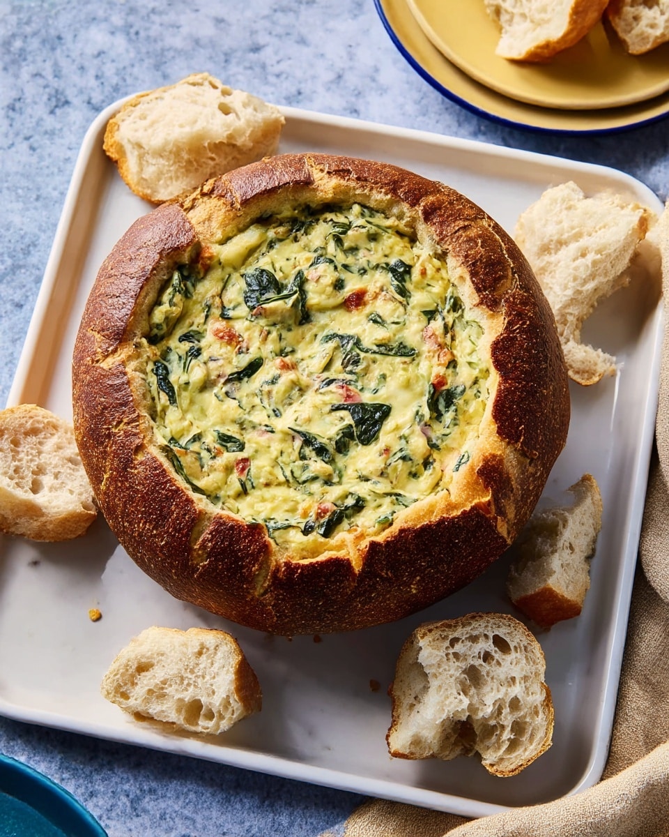 The image shows a round bread bowl with a dark golden-brown crust filled with creamy, yellow spinach dip that has green spinach leaves mixed in and slight browning on the surface. The bread bowl sits in the center of a white tray, surrounded by torn pieces of light beige bread with a fluffy texture. The tray rests on a white marbled surface with a beige cloth and other plates partially visible around it. Photo taken with an iphone --ar 4:5 --v 7