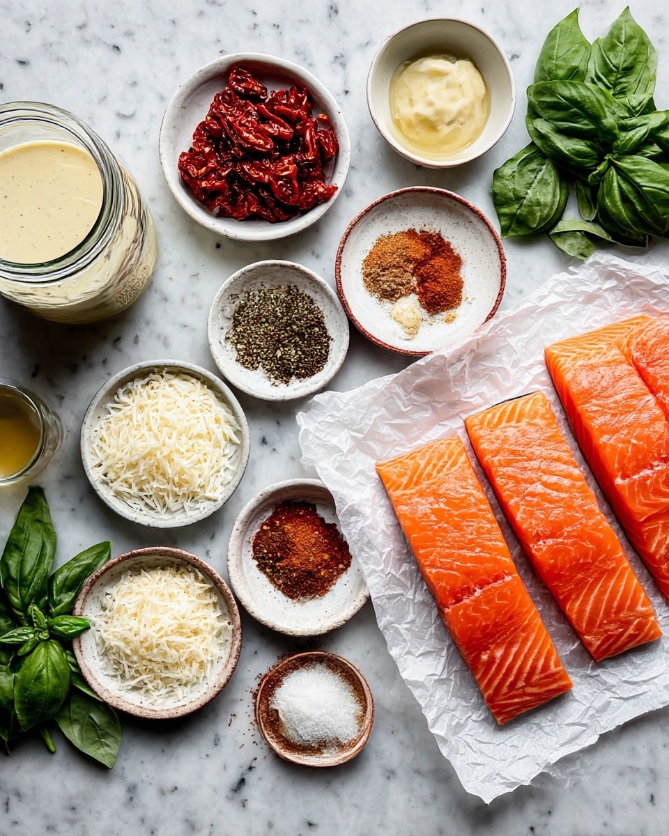 The image shows ingredients for cooking laid out on a white marbled surface. On the right, there are four thick salmon filets with an orange-pink color resting on crumpled white parchment paper. Surrounding the salmon are small bowls and plates containing various ingredients: shredded white cheese, chopped deep red sun-dried tomatoes, dried oregano, crushed red pepper flakes, a small mound of brown sugar, minced garlic, creamy mustard, olive oil, and some white-colored powder likely for seasoning. Fresh green basil leaves and a glass jar filled with a creamy liquid are on the far left side, completing the colorful assortment. photo taken with an iphone --ar 4:5 --v 7