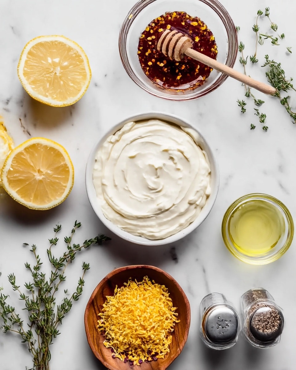 The image shows a small white bowl filled with a creamy, smooth white spread. Around the bowl are various ingredients placed on a white marbled surface: a sliced lemon showing a bright yellow inside, a wooden dish with finely grated yellow zest, a clear glass bowl holding a dark brown sauce with red chili flakes and a wooden honey dipper resting in it, a small clear container with an oily yellow liquid, a glass container of light yellow liquid, sprigs of fresh green thyme, and two small glass shakers containing salt and ground black pepper. Photo taken with an iphone --ar 4:5 --v 7