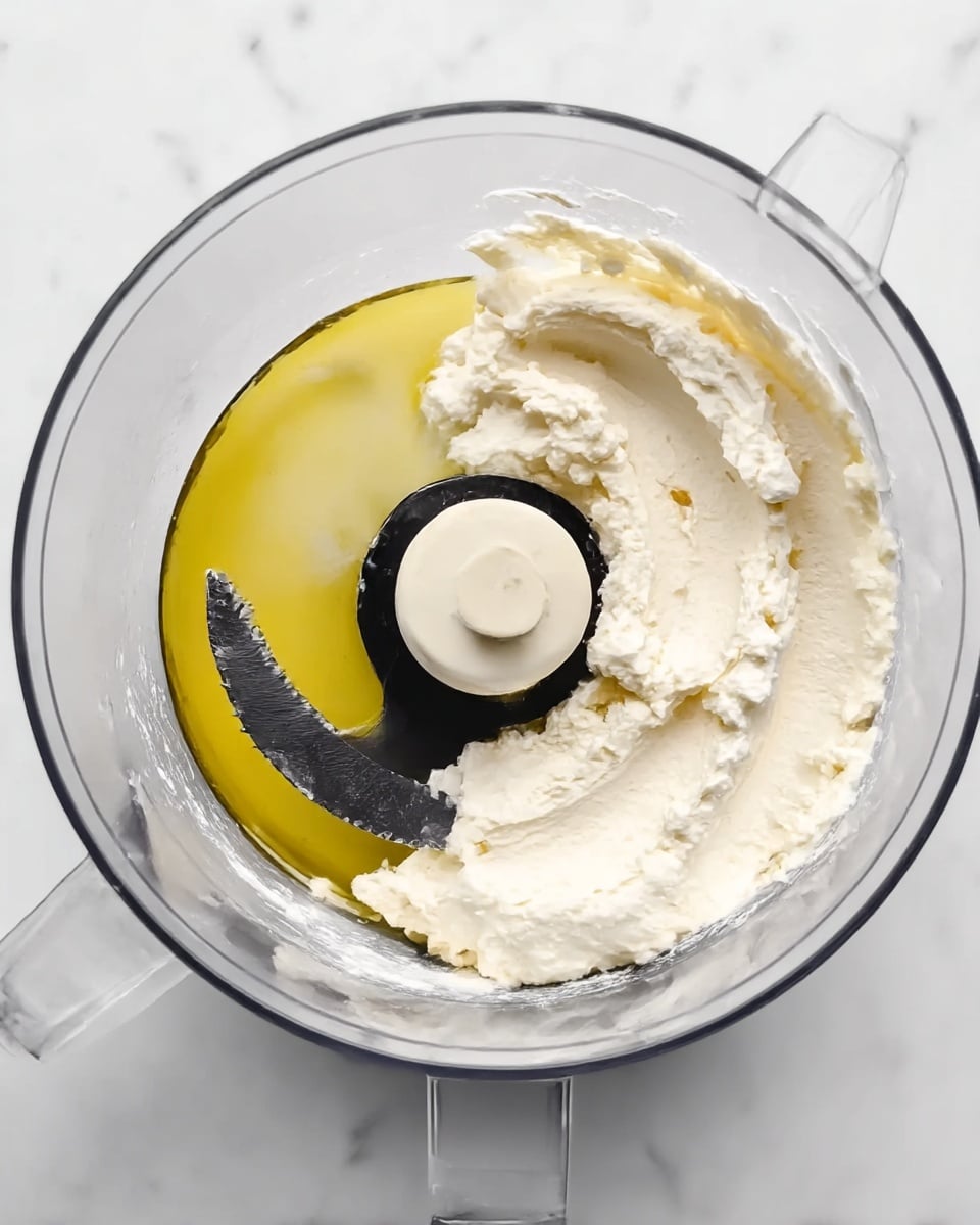 A clear white food processor bowl shows a thick white creamy mixture taking up about half the space, positioned mostly on the right side inside the bowl. To the left side, there is clear yellow oil resting separately. The sharp black blade is centered in the bowl, partially covered with some of the creamy mixture. The bowl is placed on a white marbled surface. Photo taken with an iphone --ar 4:5 --v 7